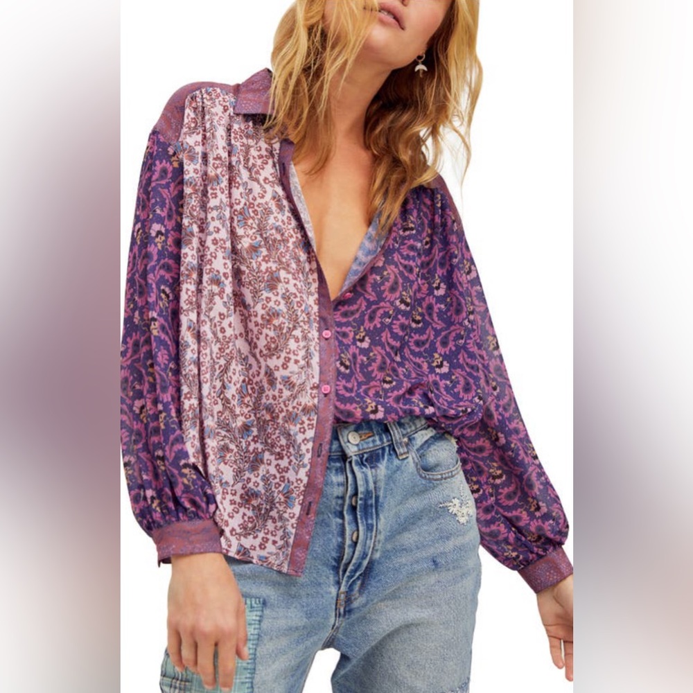 Free People Dani Printed Blouse Dark Combo S
